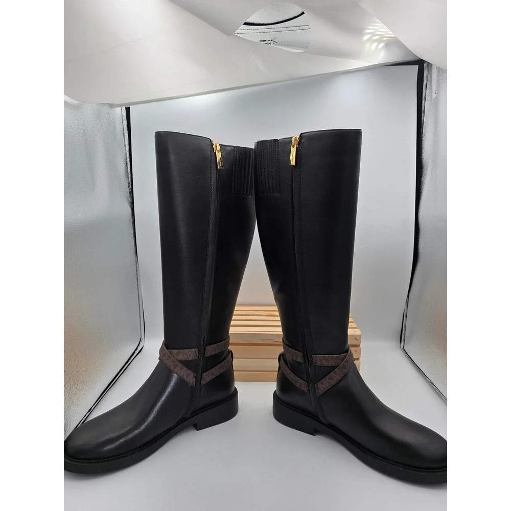 Michael Kors Mandy Knee High Boot Womens 7.5 Black Faux Leather Logo Harness New